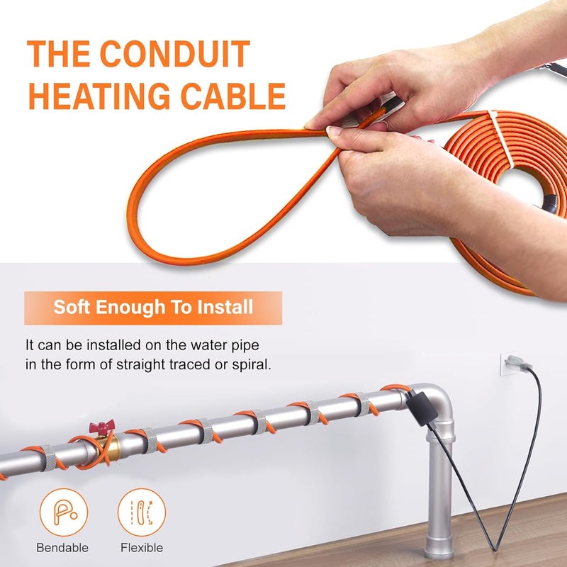 Cupohus Self-Regulating Heat Tape for Water Pipes 15FT, Waterproof Thermostat for Outdoor, Freeze Protection Heat Trace Cable for Metal, Plastic Home Pipes, Roof and RV, 110-120V - Image 3